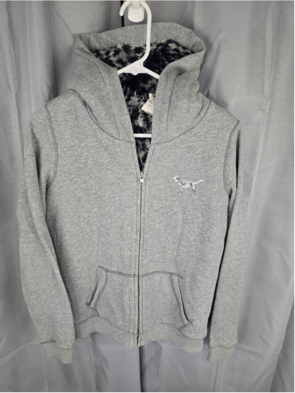 Women's Victoria's Secret PINK Grey Black Faux Fur Lined Hoodie Size XS